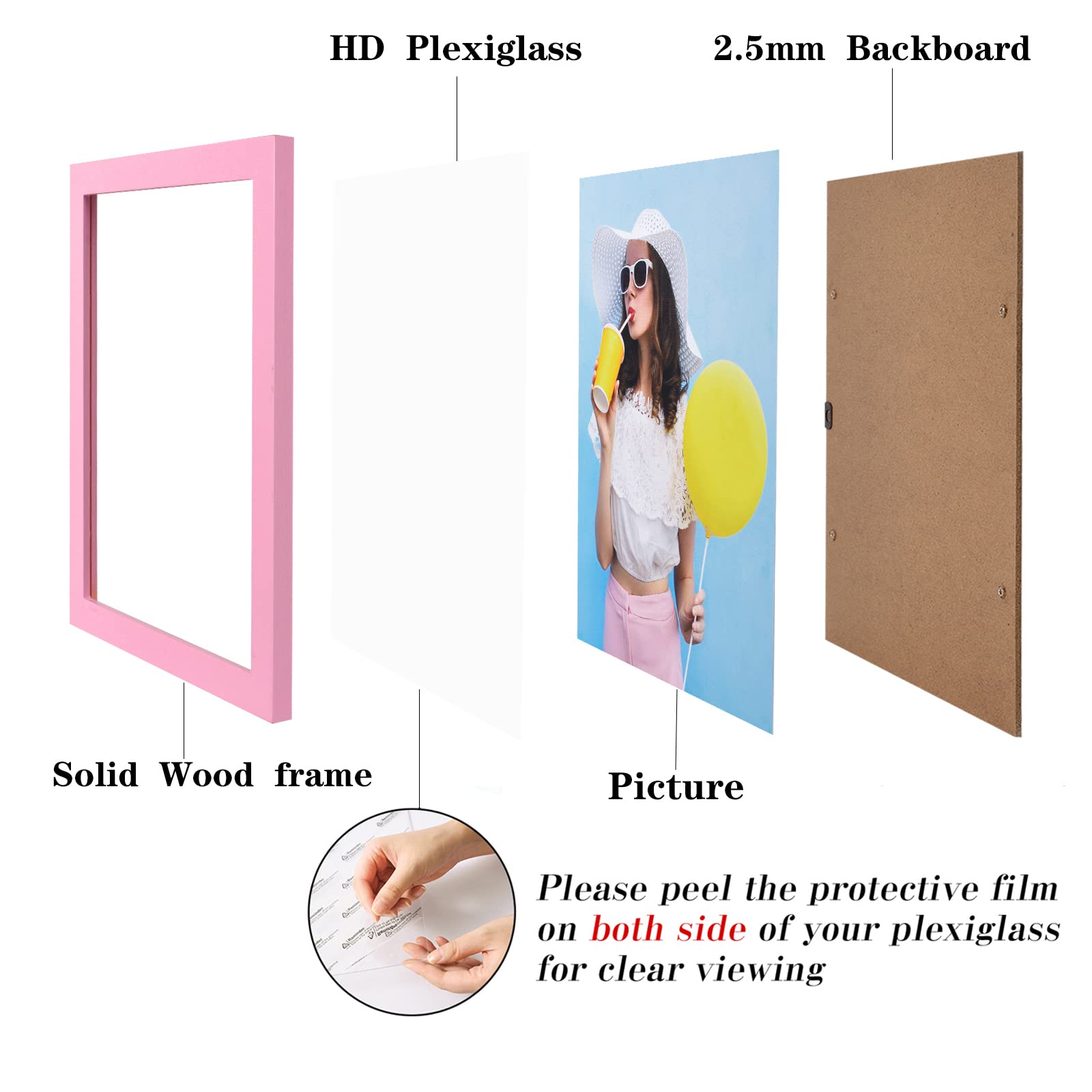 wyooxoo 5x7 Picture Frames Set of 4 Pink Made Of Solid Wood Photo Frames Colorful Frame with HD Plexiglass, Wall or Tabletop Dis